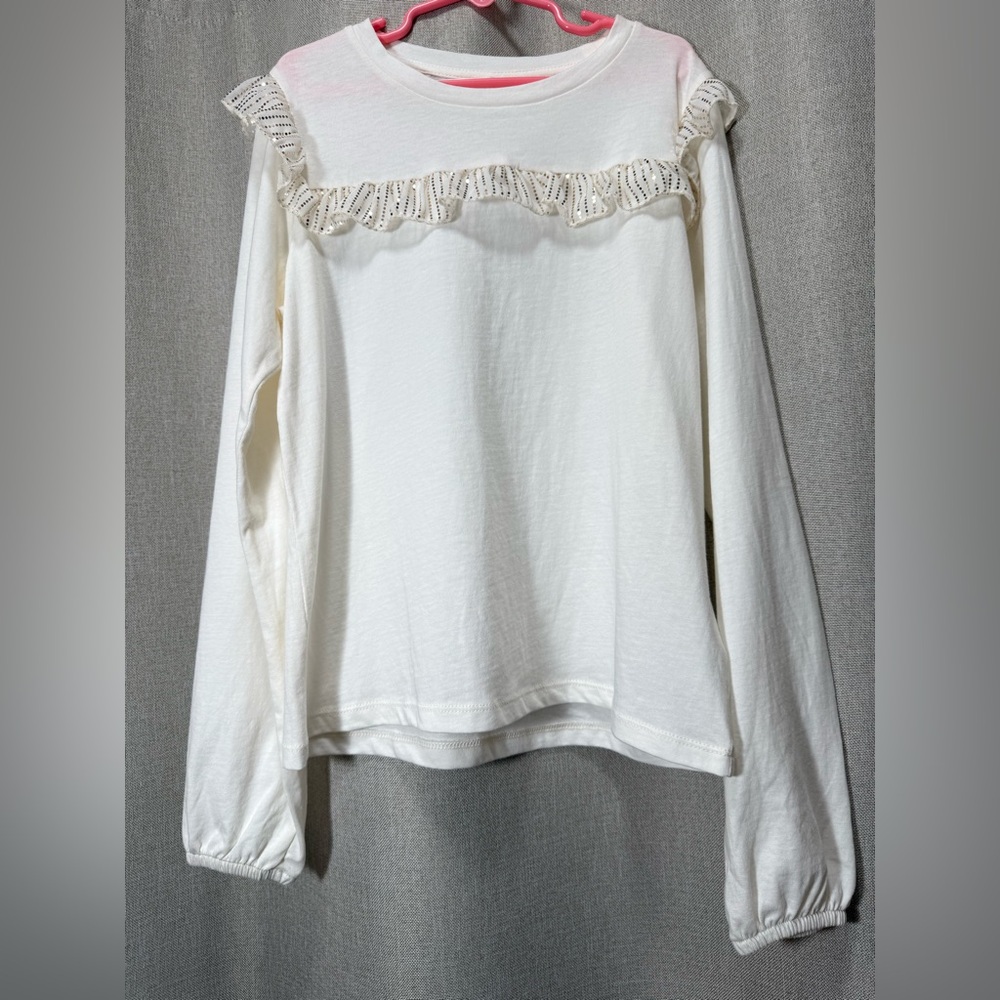 J. Crew Crewcuts Ruffle & Sequin Dots Long Sleeve Top Cotton Girls Sz L (10-11)
